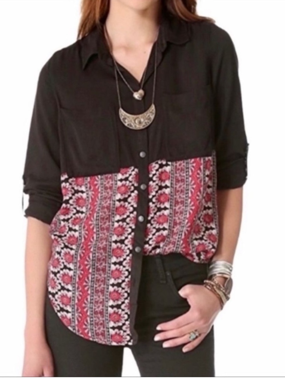 Free People Welcome To The Jungle Button Down Western Top Black & Red Floral
